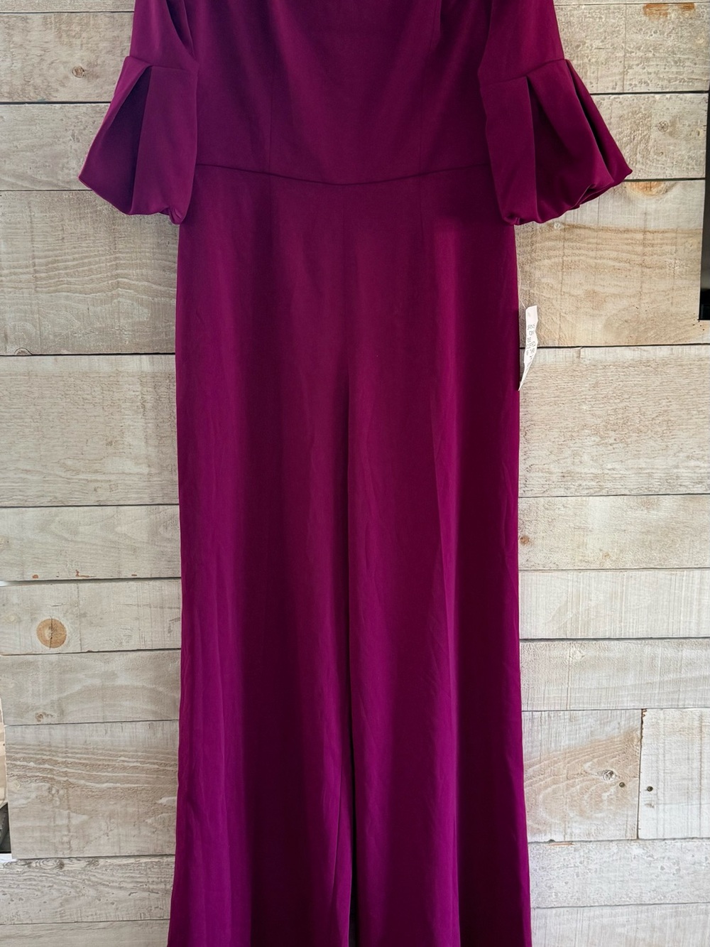JAYGODFREY Deep Plum Maxi off the shoulder Jumpsuit with Statement Bell Sleeves
